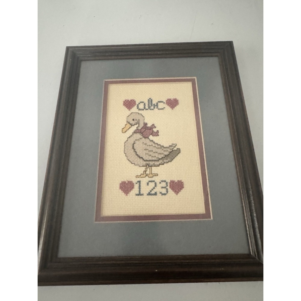 Vintage Goose Nursery Cross Stitch Framed Country Cottage Farmhouse Decor ABC